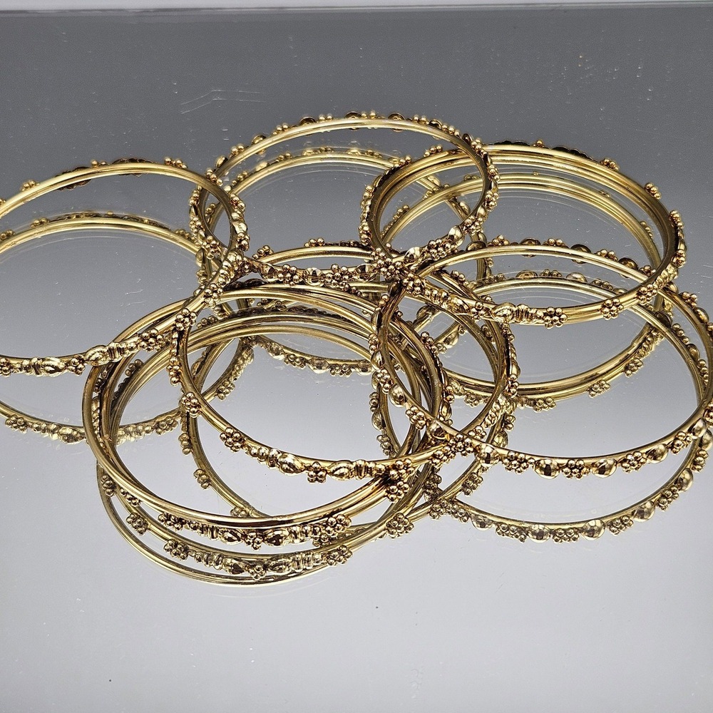 Gold Tone Bangle Bracelets Set of 6 Ornate Floral Pattern Beaded Embellishments